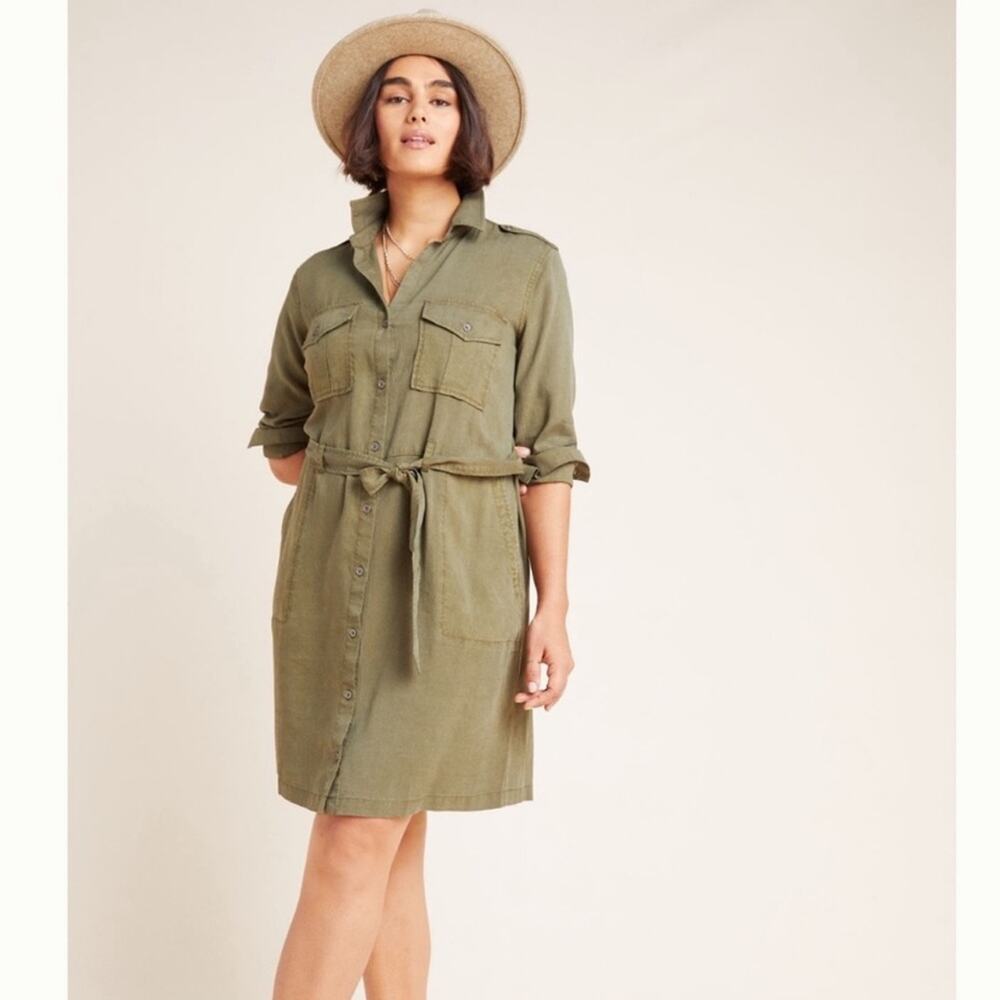 Anthropologie‎ Cloth & Stone Olive Green Tencel Lyocell Utility Mini Dress Sz XS